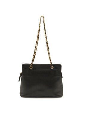 Chanel Logo Chain Shoulder Bag Caviar Leather Black Gold